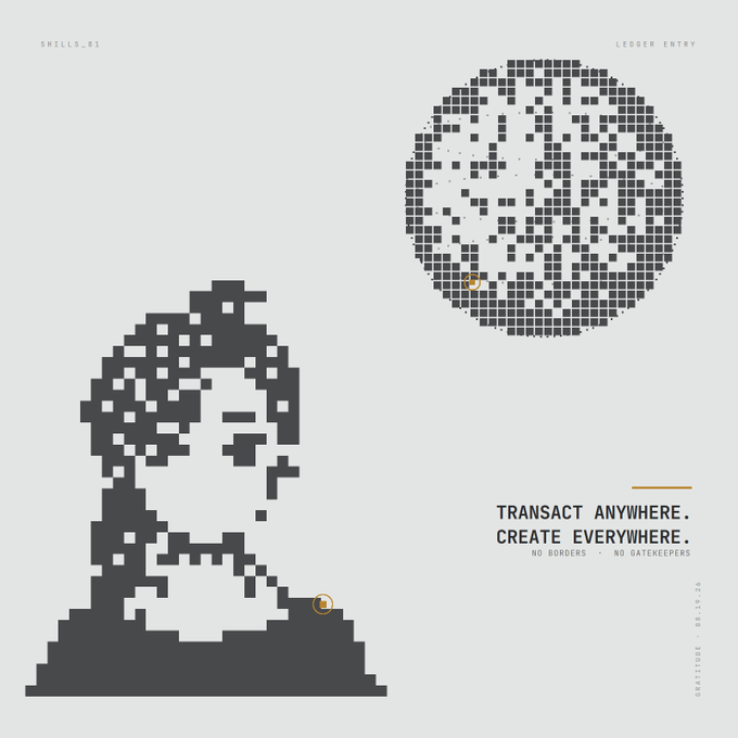 A pixelated graphic featuring a dark bust of a classical figure on the left and a circular pixelated design on the right, with text reading 'SHELLS_01', 'LEDGER ENTRY', 'TRANSACT ANYWHERE. CREATE EVERYWHERE.', and 'NO BORDERS · NO GATEKEEPERS'.
