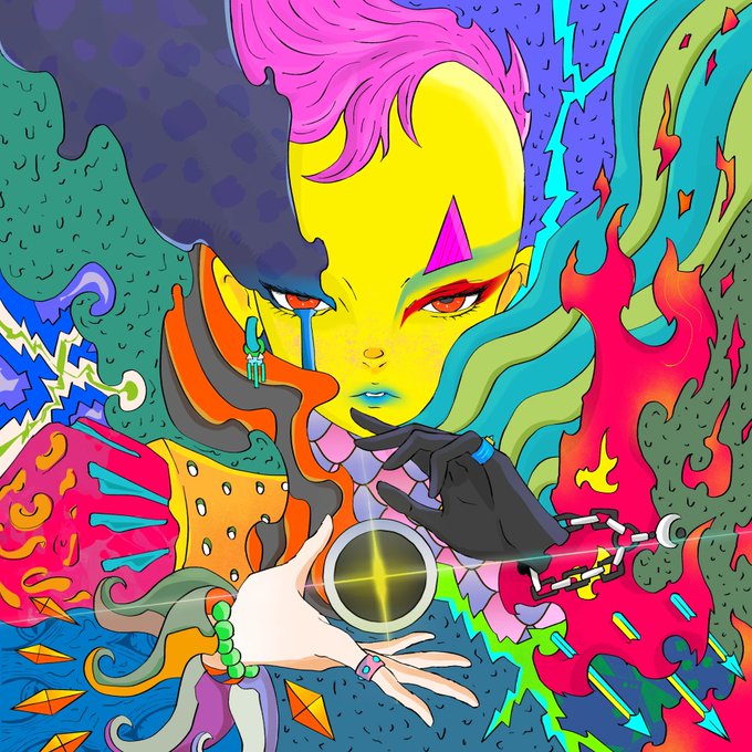 A vibrant, surreal digital illustration featuring a yellow-skinned figure with multicolored hair, surrounded by flames, hands, and geometric shapes.