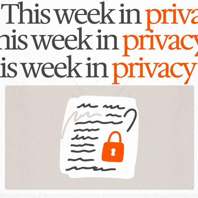 A graphic with the repeated text 'This week in privacy' in dark gray and orange lettering, accompanied by an illustration of a document with squiggly text lines and an orange padlock icon.