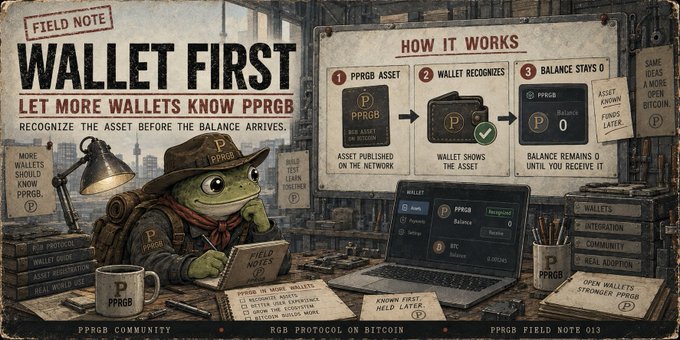 A vintage-style PPRG “Wallet First” field note explains how wallets should recognize an asset before its balance arrives, featuring the mascot and Bitcoin-branded details.