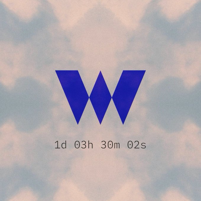 A bold blue "W" logo floats above cloud imagery with a countdown timer reading "1d 03h 30m 02s," teasing the imminent reveal of the Ethos Foundation project and hinting at a potential airdrop for Meow Meow NFT holders.