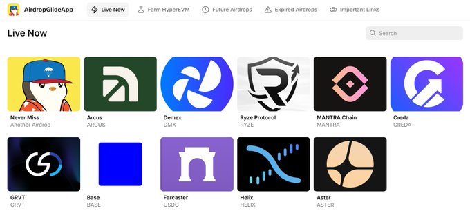 The image shows an "AirdroGlideApp" dashboard displaying "Live Now" airdrops, featuring 11 crypto projects including Never Miss, Arcus ($ARCUS), Demex ($DMX), Ryze Protocol ($RYZE), MANTRA Chain ($MANTRA), Creda ($CREDA), GRVT, Base, Farcaster, Helix, and Aster. The post references 6 of these airdrops being tracked, with Arcus, Demex, Ryze Protocol, and MANTRA all visible in the image's listing.