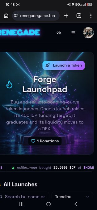 A mobile screenshot of the 'renegadegame.fun' website showing a 'Forge Launchpad' section that allows users to 'Buy and sell into bonding-curve token launches' with a '1 Donations' button.