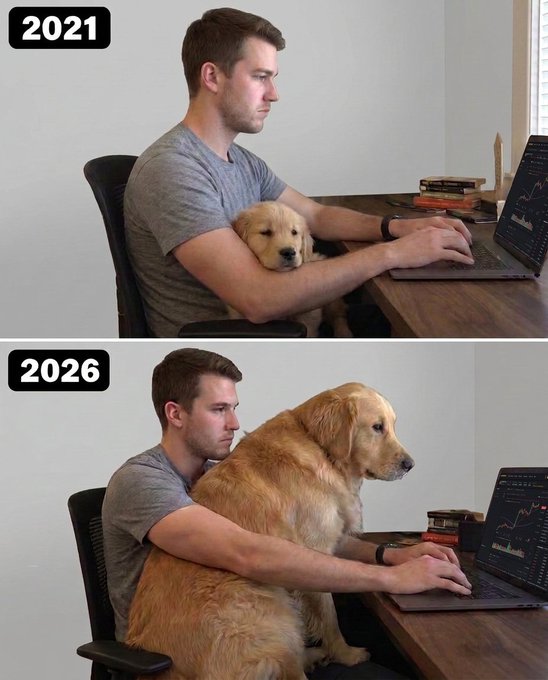 A man works on a laptop with his golden retriever on his lap, comparing a small puppy in 2021 to a fully grown dog in 2026, humorously illustrating how his "support level" while trading has grown along with his loyal companion. The text "support level evolved.." ties into the trading term "support level" on the laptop's stock graphs, suggesting his furry trading buddy has matured alongside his trading journey.