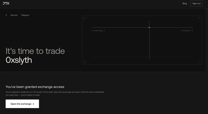 A user celebrates being granted access to JTX (Oxslyth) exchange, with the interface displaying "You've been granted exchange access" alongside promotional text "It's time to trade Oxslyth," highlighting the platform's launch for spot trading crypto and equities on Solana.