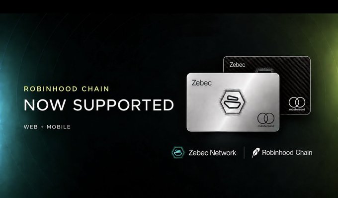 Zebec Network promotional banner announcing 'ROBINHOOD CHAIN NOW SUPPORTED' on web and mobile, displaying two Zebec branded cards.