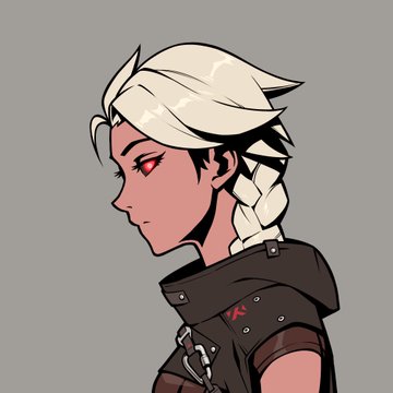 An anime-style profile portrait of a character with white braided hair, red eyes, and a dark hooded outfit, with a small red symbol on the shoulder.