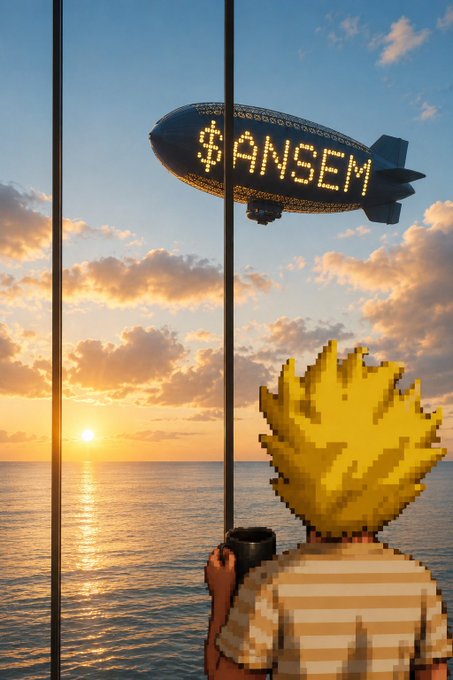 A pixel art scene of a character with spiky blonde hair holding a cup, looking out at an ocean sunset at a blimp displaying '$ANSEM' floating in the sky.