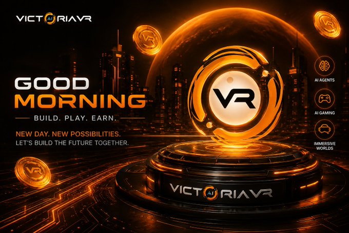 A promotional graphic for VICTORIA VR with the text 'GOOD MORNING - BUILD. PLAY. EARN.', featuring a glowing orange VR coin on a pedestal and icons for 'AI AGENTS', 'AI GAMING', and 'IMMERSIVE WORLDS'.