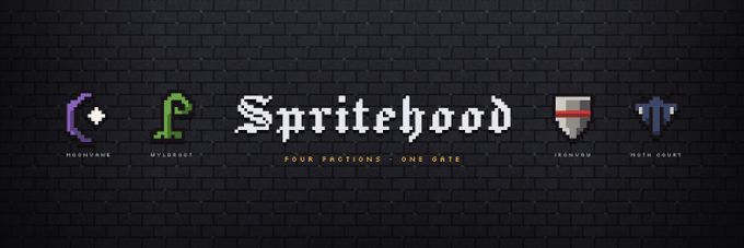 Pixel-art logo reading "Spritehood" displayed on a dark brick background, flanked by four faction icons labeled Moonrane, Wyldroot, Ironvue, and Moth Court, with the tagline "Four factions · One gate."

This banner aligns with the post's mention of the @Spritehoodio project, visually showcasing its branding and four featured factions as the basis for a giveaway promotion.