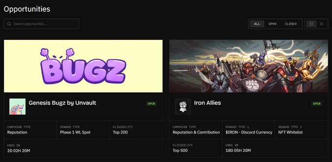 A screenshot of the Nucleus Opportunities page displaying two campaigns: "Genesis Bugz by Unvault" (Reputation type, Phase 1 WL Spot, Top 200 eligibility, ending in 20d 02H 20M) and "Iron Allies" (Reputation & Contribution type, with $IRON Discord Currency and NFT Whitelist, Top 500 eligibility, ending in 18d 05H 20M), both marked as OPEN. The image visually corresponds to the post's instructions on joining via link and navigating to the Opportunities tab to connect and earn a higher score for whitelist chances.