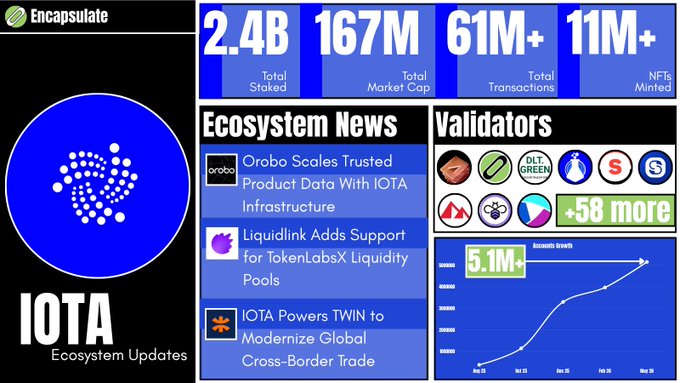 An IOTA ecosystem dashboard from Encapsulate showing 2.4B total staked, 167M market cap, 61M+ transactions, 11M+ NFTs minted, plus news items and validator logos.