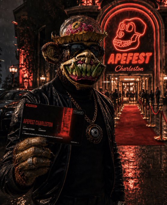 A creepy character in a grotesque monkey mask and leather jacket holds an "APEFEST CHARLESTON" ticket dated October 17, 2026, standing before a red-lit theater entrance.