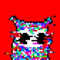 A pixelated, glitchy owl figure with a horned, Purble Place-esque character, set against a red background, serves as a stylized NFT art representation of the @moonbirds owl the author purchased. The image's distorted, low-resolution aesthetic aligns with the "birbish" (bird-like) NFT theme and its notable trade history with Kevin Rose.