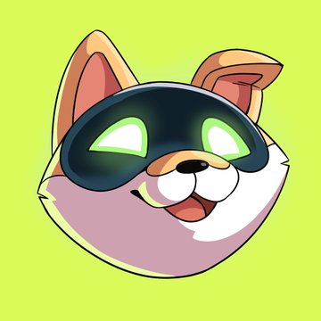 A cartoon avatar of a Corgi dog wearing a black VR headset with glowing green triangular eyes, set against a bright green background.
