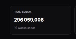 A dark interface screen shows 'Total Points' at '296,059,006' achieved '16 weeks so far'.