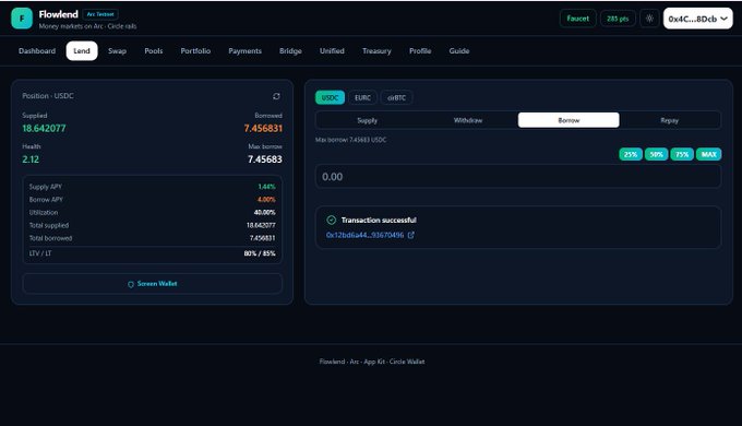 The Flowlend app shows a successful transaction for borrowing 0.00 USDC with a health of 2.12, and a total supplied of 18.642077 USDC. This relates to the post about building Flowlend on Arc and the challenges of deciding what to build first.
