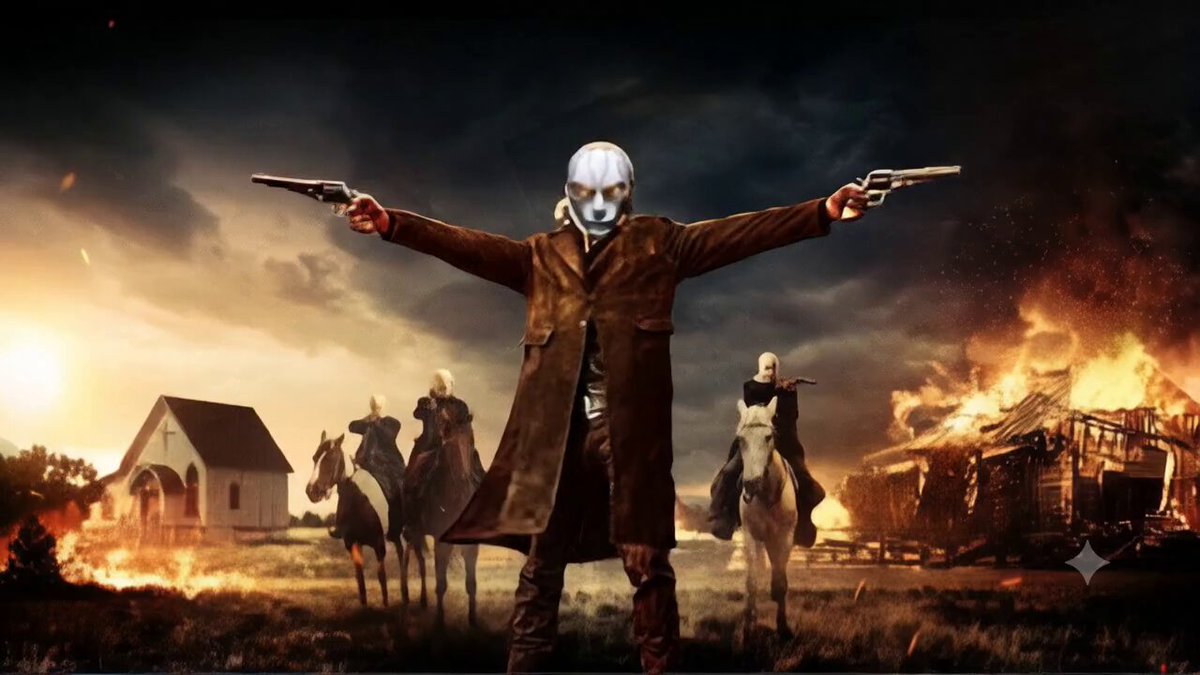 The image features a man dressed as a cowboy with a mask, holding two guns and standing in front of a burning house. The background shows a dark sky filled with smoke from the fire. There are also other people present in the scene, possibly firefighters or bystanders trying to put out the flames. The post is about a movie called "Gm $LUNC ARMY" which seems to be related to this image as it features a cowboy character and a burning house.