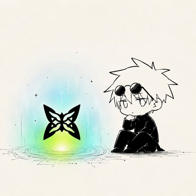 The image features a black and white cartoon character sitting next to a butterfly, which has a glowing light source behind them. The butterfly's glow appears to be coming from a blue light source located at the center of the image. The scene takes place in front of a white background with a few stars scattered around it. The post seems to be discussing the concept of NFTs and how they can interact with Quantum Echoes, which is an interesting fusion of art and technology.