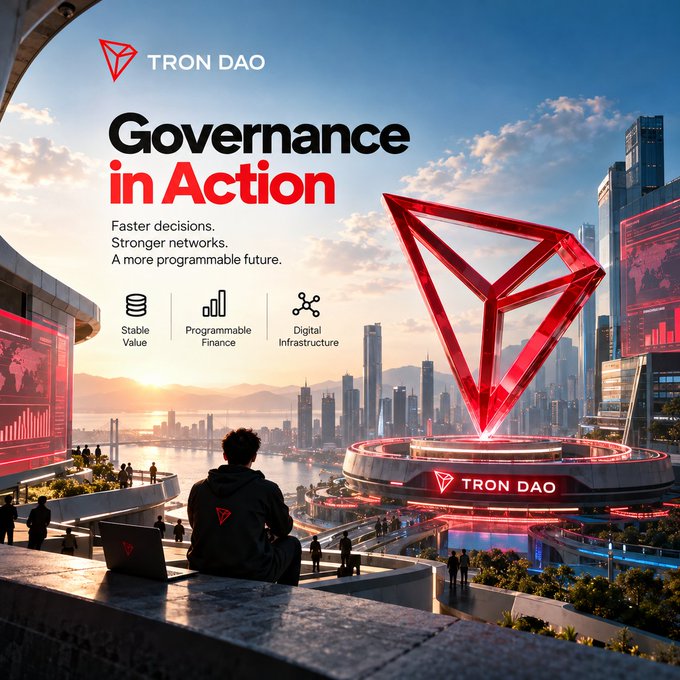 Promotional graphic for TRON DAO titled 'Governance in Action' with tagline 'Faster decisions. Stronger networks. A more programmable future,' highlighting Stable Value, Programmable Finance, and Digital Infrastructure features against a futuristic cityscape.