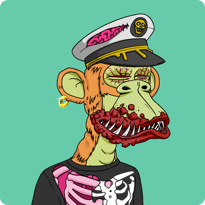 A cartoon illustration of a zombie-like monkey character wearing a captain's hat, featuring exposed brain matter, bloody lips, a gold earring, and a skeleton shirt against a green background.