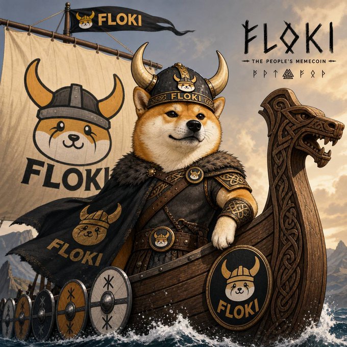 A Shiba Inu dressed as a Viking warrior with a horned helmet and "FLOKI" emblazoned on its banner, cape, and shield stands at the bow of a dragon-headed longship sailing across the seas, echoing the post's heroic "And to Valhalla we sail with $FLOKI" theme with text reading "FLOKI - THE PEOPLE'S MEMECOIN" in the upper right.