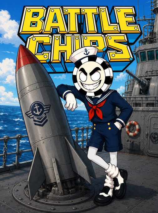 An animated character in a sailor outfit with a mischievous grin leans against a large rocket on the deck of a naval ship, beneath the yellow text 'BATTLE CHAOS'.
