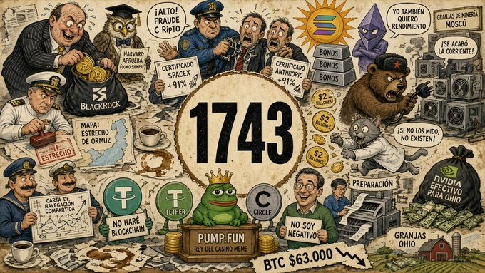 A dense satirical illustration centered around the number '1743', depicting various crypto and stock market figures, including a BlackRock executive, a Russian bear, the Pump.fun frog, alongside Spanish text referencing Tether, Circle, Nvidia, and Bitcoin at $63,000.