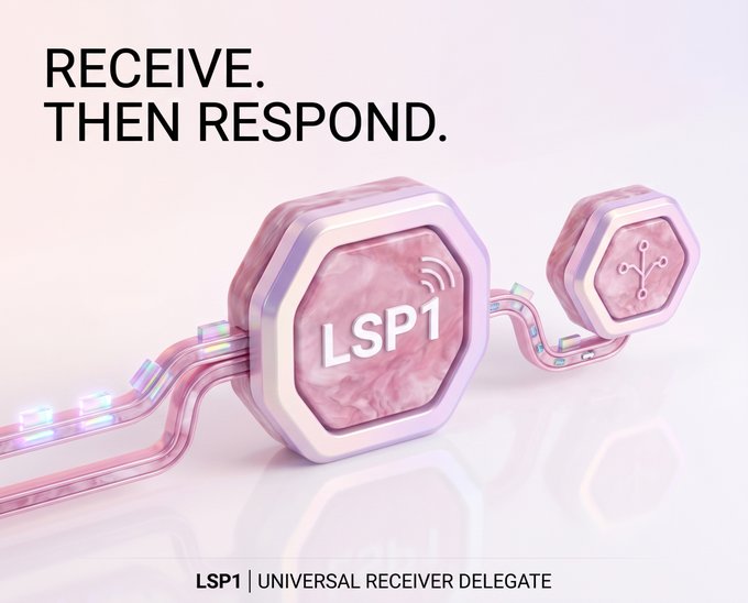 Promotional graphic with text 'RECEIVE. THEN RESPOND.' featuring pink hexagonal devices labeled 'LSP1' connected by cables, with bottom text 'LSP1 | UNIVERSAL RECEIVER DELEGATE'.