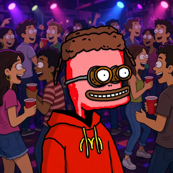 A cartoon-style illustration of a character with a cylindrical pink head, goggles, and brown hair wearing a red hoodie, standing in a crowded, colorful party.
