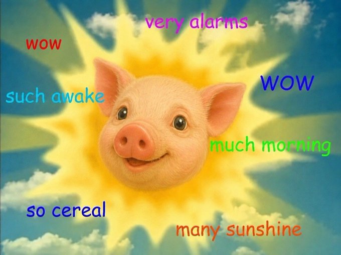 A 'doge' meme featuring a smiling pig against a sunny sky background with colorful text including 'very alarms', 'WOW', 'such awake', 'much morning', 'so cereal', and 'many sunshine'.