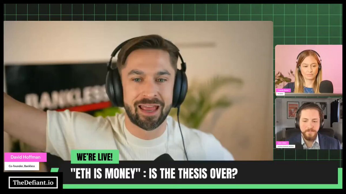 The image shows a man wearing headphones holding a microphone, likely preparing for a podcast recording or live show with another person who can also be seen in the frame. They appear to be discussing the concept of Ether. In the background, there is a green grid that seems to be part of an online platform or screen showing the discussion between David Hoffman and someone else. The scene conveys an intellectual or academic atmosphere as they explore the potential of cryptocurrencies like Ethereum.