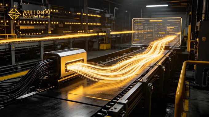 The image shows a large industrial setting where an ARKI AI App is being used for processing raw input into clean execution. The app is responsible for routing information, helping users process tasks efficiently, and moving through Web3 workflows with speed and precision. The scene includes various machines and equipment in the background, indicating that this technology is being utilized to streamline complex processes within an industrial environment.