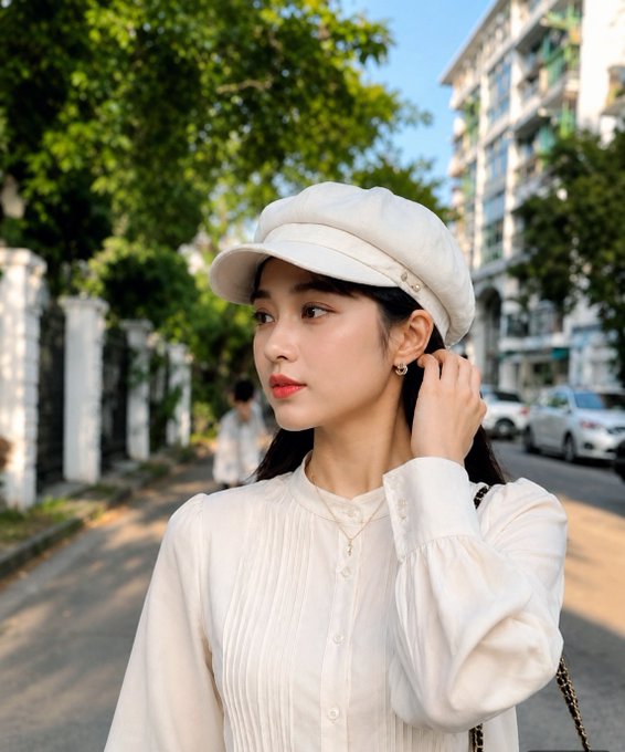 A young woman wearing a white newsboy cap and a white pleated blouse stands on a tree-lined street, looking off to the side.
