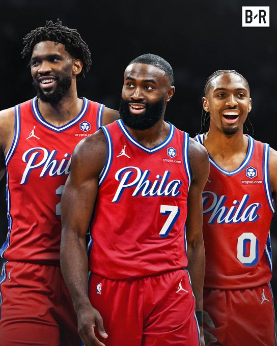 A composite sports image showing three Philadelphia 76ers basketball players wearing red 'Phila' jerseys with the crypto.com sponsor logo, with the Bleacher Report (B/R) watermark in the upper right corner.