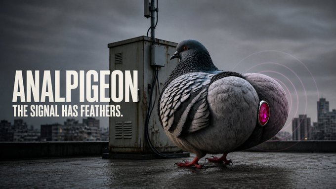 An advertisement parody titled 'ANALPIGEON: THE SIGNAL HAS FEATHERS' showing a gray pigeon on a rooftop with a glowing pink device on its back emitting signal waves.