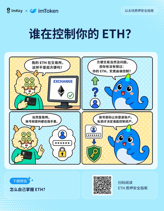 An educational infographic in Chinese titled '谁在控制你的 ETH?' (Who controls your ETH?) featuring cartoon characters discussing cryptocurrency wallet control, branded by imKey and imToken.