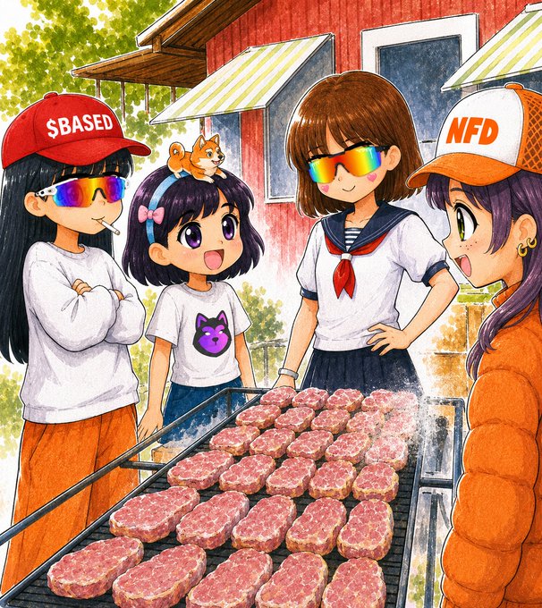 Four anime-style characters wearing "$BASED" and "NFD" branded hats gather around a grill loaded with raw hamburger patties in front of a red house.