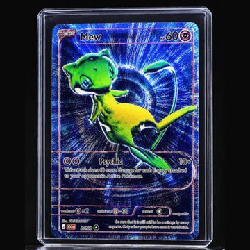 A green holographic Mew Pokemon card with HP 60 and the attack 'Psychic', encased in a protective sleeve.