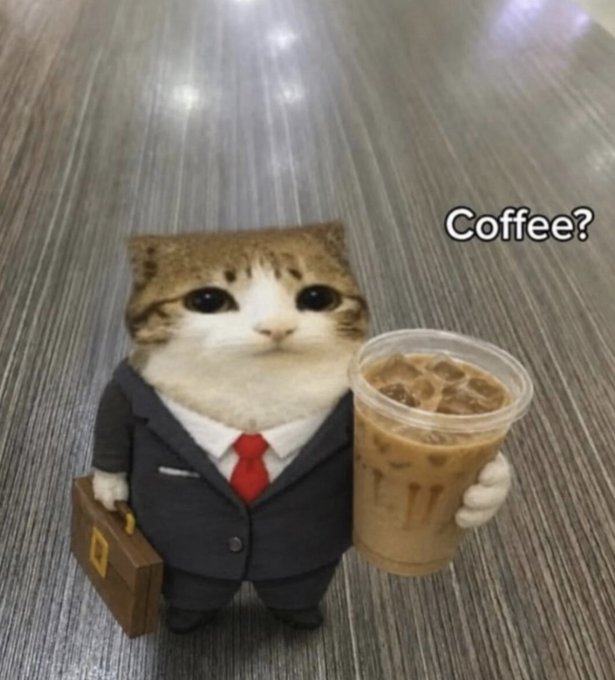 A chubby cat in a business suit offers an iced coffee with the text "Coffee?" displayed, humorously pairing the "Coffee for your health" message with the post's pitch of "$U for your yield & stealth"—using the suited feline as a mascot for a caffeine-fueled, money-making pitch.