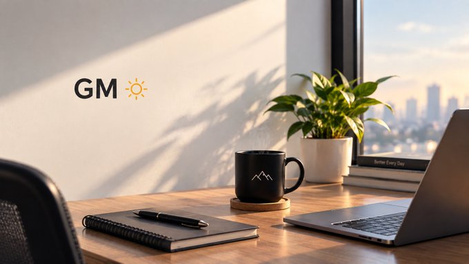 A cozy desk setup with a laptop, mug, notebook, and a potted plant, with 'GM ☀️' text overlaid on the wall.