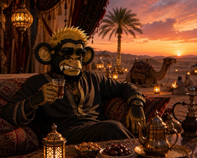 A relaxed monkey in sunglasses lounges on ornate pillows in a desert sunset setting, sipping from a tea glass surrounded by brass teapots and dates.

The scene evokes a contemplative, "evening tea" moment—fitting the post's tone of unwinding and reflecting on Quip Network's unfolding quantum narrative.
