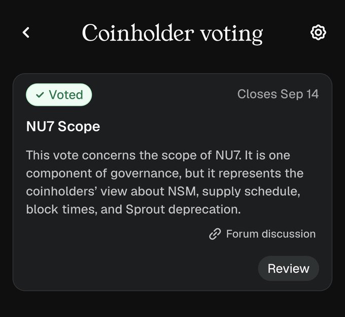A 'Coinholder voting' screen showing a 'Voted' status for the 'NU7 Scope' vote regarding NSM, supply schedule, block times, and Sprout deprecation, closing Sep 14.