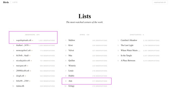 A webpage titled 'Lists' showing 'The most-watched corners of the web' with categories for Observers, Birds, and Sanctuaries, highlighting 'wapuhugnude.eth' with 1,001 observations and 'Ann' with 517 observations.