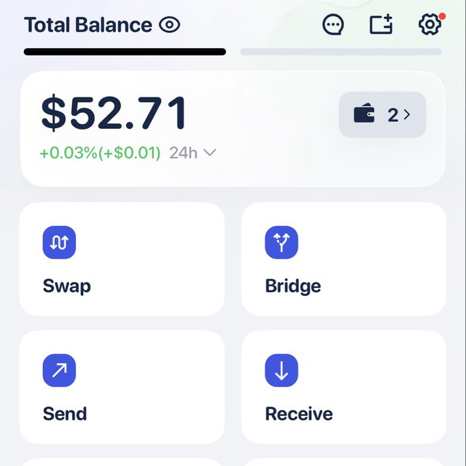 A crypto wallet app interface displaying a Total Balance of $52.71 (+0.03%) with buttons for Swap, Bridge, Send, and Receive.