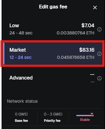 A cryptocurrency wallet 'Edit gas fee' screen showing three options: Low ($7.04, 0.003880764 ETH, 24-48 sec), Market ($83.16, 0.045876658 ETH, 12-24 sec) highlighted in red, and Advanced, with network status indicating 'Stable'.