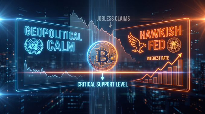 The image illustrates Bitcoin's critical juncture, featuring a central BTC coin at its "CRITICAL SUPPORT LEVEL" (200-week SMA), flanked by two opposing forces: "GEOPOLITICAL CALM" on the left (noting reduced US-Iran tensions) and a "HAWKISH FED" on the right (symbolized by rising interest rates and an eagle, driven by near 60-year low jobless claims) with a downward chart arrow highlighting this pivotal moment.