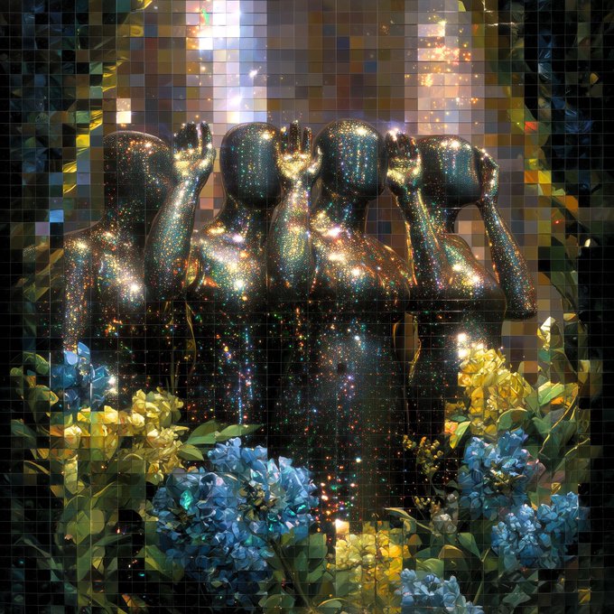 A surreal, sparkly mosaic artwork showing four faceless humanoid figures in a row, depicted with glittering, starry textures and surrounded by lush green foliage and blue hydrangea flowers.