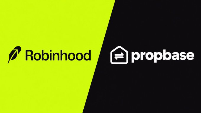 A split-background graphic with 'Robinhood' logo in black on the left (lime green half) and 'propbase' logo in white on the right (black half), suggesting a partnership announcement.
