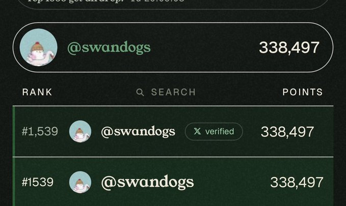 A leaderboard screen showing username "@swandogs" ranked #1,539 with 338,497 points, displayed under a green-themed interface with search functionality.